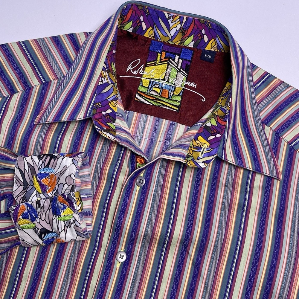 Robert Graham Men's Medium Flip Cuff Embroidered Long Sleeve Rainbow Stripe